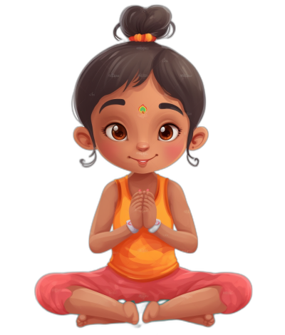 A cute little Indian girl doing yoga in the style of Disney, with a cartoon character design using flat colors and a solid black background, wearing an orange tank top and pink pants, smiling while sitting cross-legged in the lotus position with hands clasped together, hair tied back into two buns on her head, detailed facial features including big brown eyes and a small nose, a full body portrait.