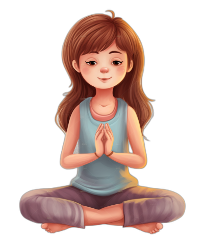 A cute girl doing yoga, simple flat illustration with black background, cartoon style, 2D design, simple details, digital art in [Studio Ghibli](https://goo.gl/search?artist%20Studio%20Ghibli) and Disney Pixar's styles, full body portrait, hands clasped together, wearing blue tank top and gray leggings, smiling face, brown hair. She is sitting on the floor cross-legged. The colors of her  should be vibrant but soft, creating a gentle atmosphere. Her eyes have no eyelashes to emphasize their calm expression. A plain black background will add depth and focus to your character.