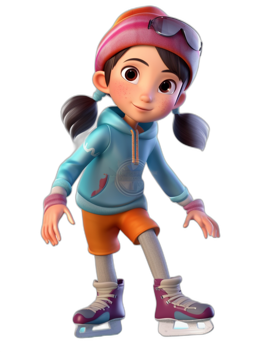 3D character of an Asian girl wearing a blue jacket and orange short pants, purple shoes with white laces and a pink hat on her head skating on ice, black background, in the style of Pixar.