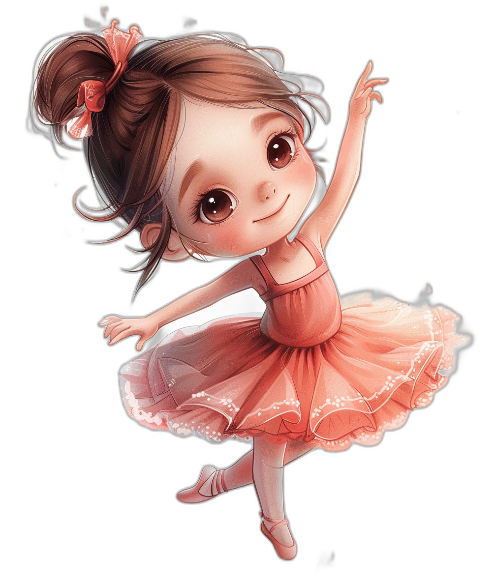 Cartoon, chibi style, cute little girl ballerina in a peach pink dress and shoes on a black background, cute pose, happy face, drawing, digital art, vivid colors, soft lighting, high resolution.