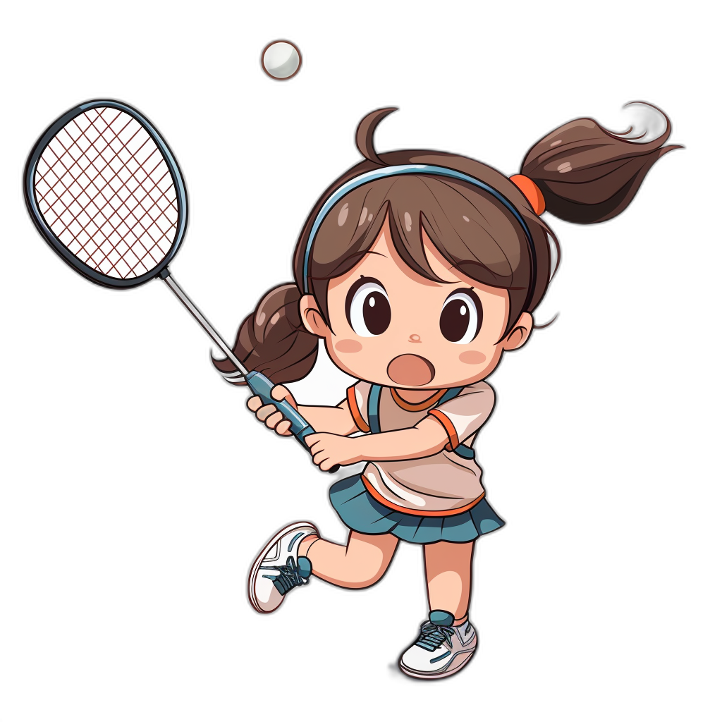 Cute chibi girl playing badminton, vector illustration style on black background.