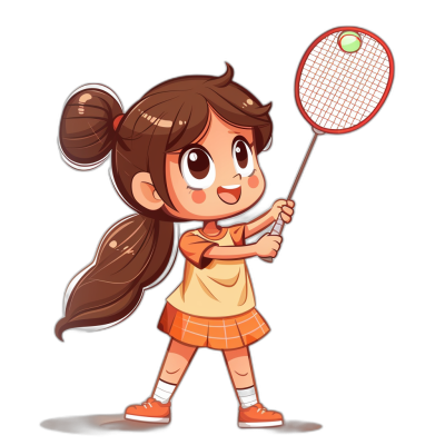 chibi style, flat vector design of an adorable girl playing badminton on black background, cute brown hair with pigtails in two ponytails, wearing orange skirt and white t-shirt, holding racket and ball, vibrant colors, high resolution, professional color grading