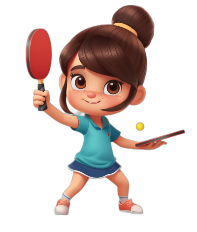 cartoon style, a cute girl playing table tennis, holding the racket in her hand and ready to hit the ball, wearing a blue t-shirt with red shoes, brown hair styled into a ponytail, a smiling facial expression, a black background, a high quality render, a 3d cartoon character design, a 2D game art style, in the style of Disney Pixar animation, a Pixar character illustration, a cute 6 years old girl character design, a 45 degree side view angle, a bright color scheme, a full body shot