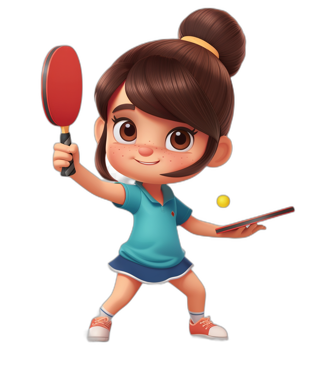 cartoon style, a cute girl playing table tennis, holding the racket in her hand and ready to hit the ball, wearing a blue t-shirt with red shoes, brown hair styled into a ponytail, a smiling facial expression, a black background, a high quality render, a 3d cartoon character design, a 2D game art style, in the style of Disney Pixar animation, a Pixar character illustration, a cute 6 years old girl character design, a 45 degree side view angle, a bright color scheme, a full body shot