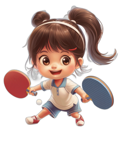 A cute little girl playing table tennis in the style of Pixar, cartoon style, black background, front view, full body portrait, happy expression, holding two rackets in both hands, wearing white and blue sports  with short sleeves, brown hair tied into ponytails. High definition resolution.