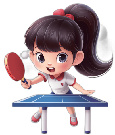 cartoon style illustration of an Asian girl playing table tennis, wearing white and red  with black hair in pigtails, holding a paddle bat ready to hit the ball on top of a blue table. cartoon vector art, clipart isolated on a pure solid background, high resolution photo, in the style of a professional photograph, black background