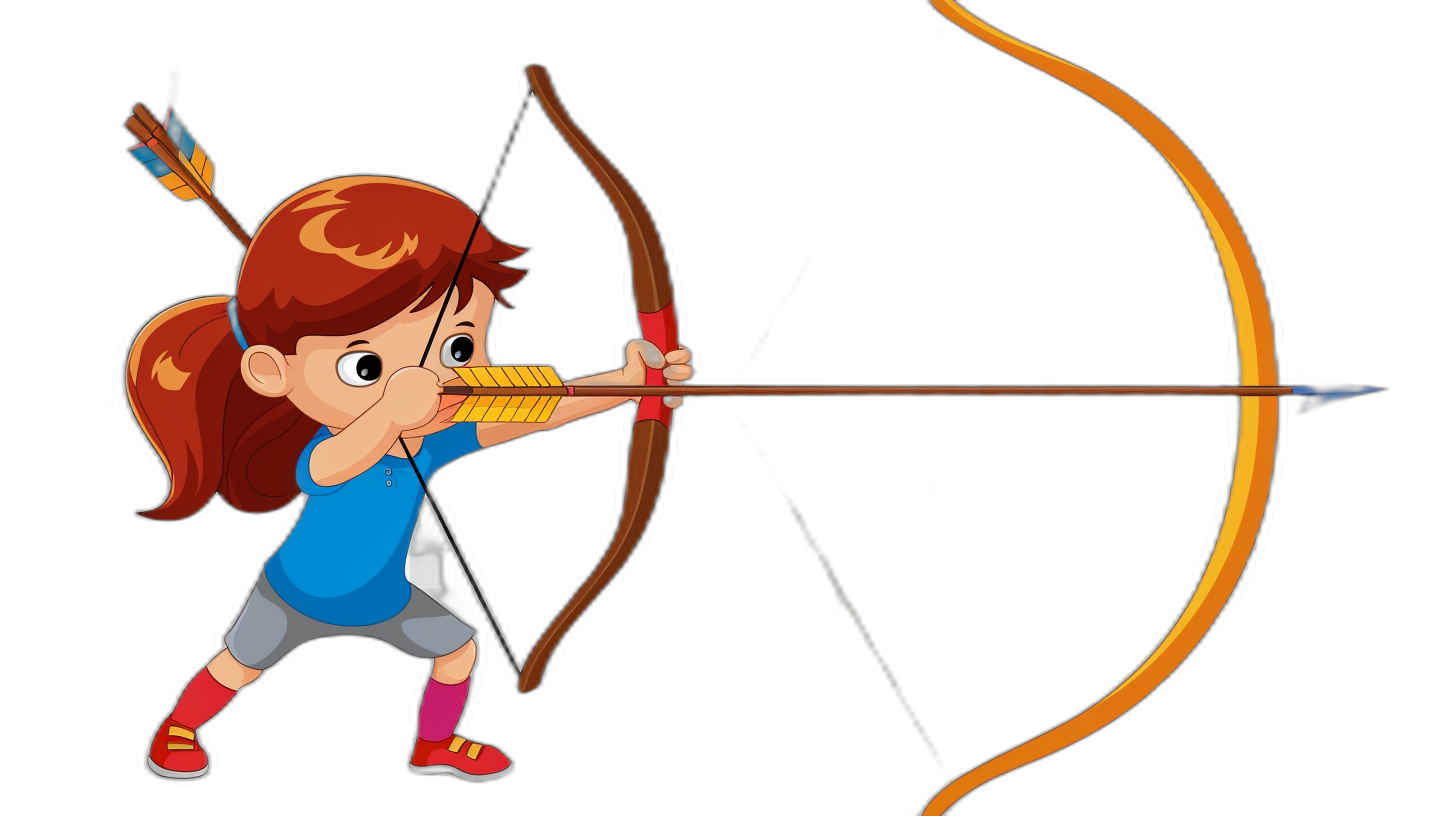 A cartoon girl shooting an arrow with her bow in a vector illustration on a black background in the simple flat style, with high resolution, high detail, high quality, and high definition. The illustration has high sharpness and high clarity with professional color grading and no shadows or text.