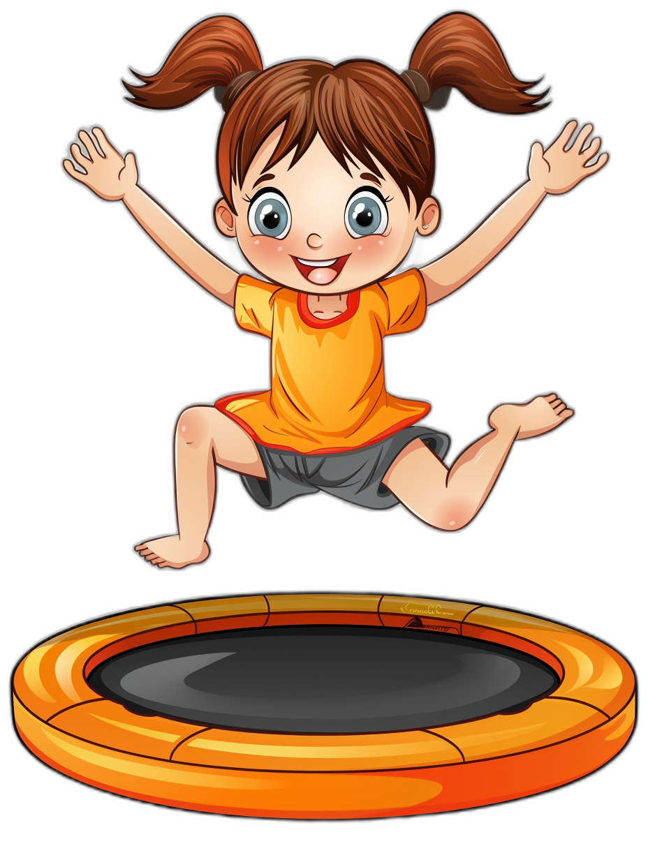 A cute cartoon girl is jumping on the trampoline in a vector illustration style with a black background. The little girl has big eyes and brown hair in pigtails. She wears an orange t-shirt over gray shorts. Her hands were raised up to her face as she jumps happily. There were no text or other elements visible except for one large yellow circular frame around each of their bodies.