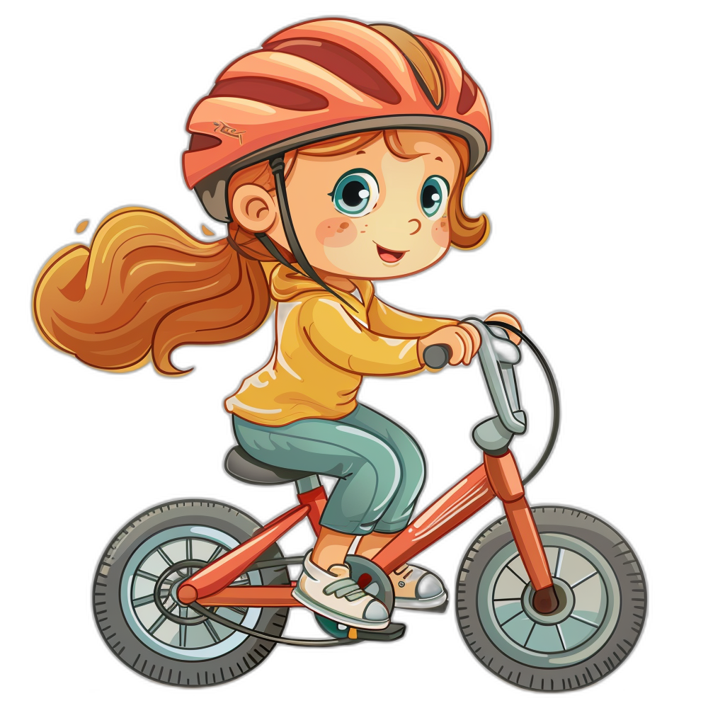 A cute girl riding her bike with a helmet in the style of a clip art style cartoon illustration for kids on a black background.