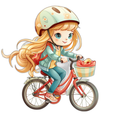 A cute girl is riding her bike with a helmet on. She has long blonde hair and blue eyes while wearing casual  against a black background. The style is chibi with a colorful pastel color scheme. She is holding red apples in the front basket of the bicycle. This is an isolated design asset as a vector graphic cartoon sticker character illustration in the style of a vector graphic element isolated on a black background.