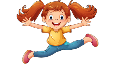 A cute cartoon girl with pigtails is jumping. This vector illustration is done in a flat style with a black background and no shadows. It is a high quality, high resolution, and high detail image in the colorful animation style of Pixar.