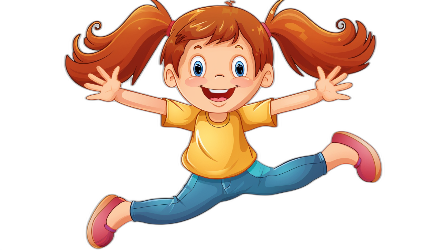 A cute cartoon girl with pigtails is jumping. This vector illustration is done in a flat style with a black background and no shadows. It is a high quality, high resolution, and high detail image in the colorful animation style of Pixar.