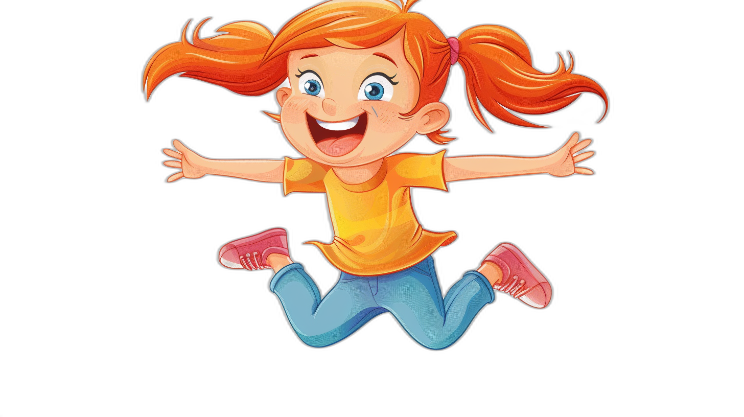 Cute cartoon girl jumping, smiling and laughing with red hair in pigtails wearing blue jeans orange shirt on black background