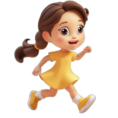 A cute little girl in a yellow dress and white socks, with a smiling face and brown hair in a braided style, in a running pose, on a simple black background, in the style of Disney Pixar animation character design, rendered in 3D, with a clay material and cute cartoon style, soft lighting effects, a black color scheme, from a full body perspective, at a high resolution with clear details.