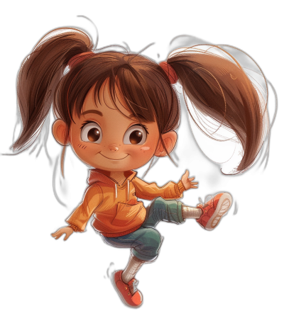 cute little girl in sportswear with pigtails and brown hair, jumping high on a black background, in the style of Pixar