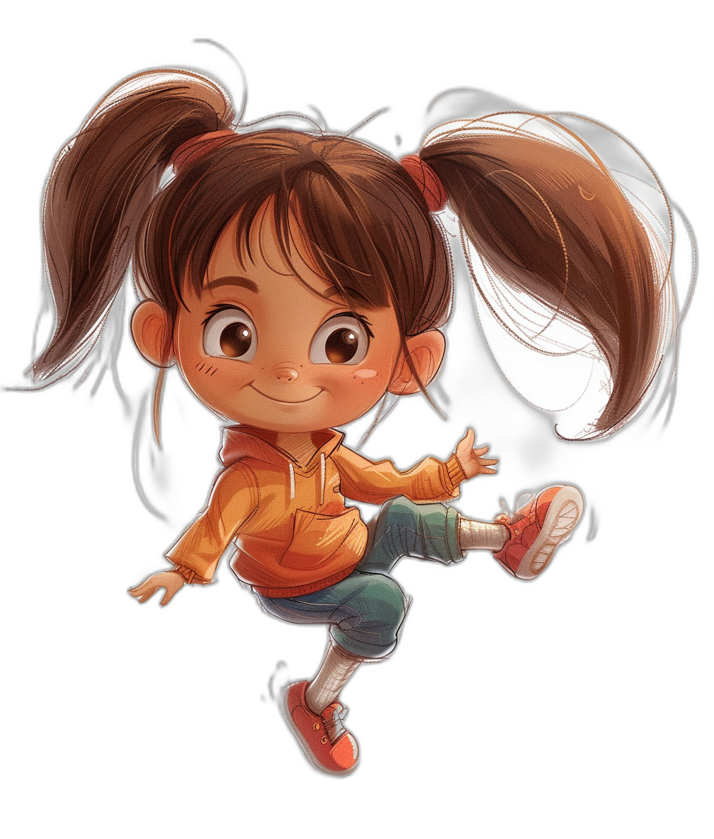 cute little girl in sportswear with pigtails and brown hair, jumping high on a black background, in the style of Pixar