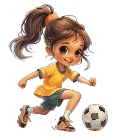 A cute little girl playing soccer, cartoon style, full body shot, character design with black background, wearing yellow and green jersey, kicking the ball, smiling face, brown hair in ponytail, big eyes, high detail, high resolution