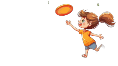 A cartoon girl is playing frisbee in a simple drawing style with a solid black background in the style of cartoon cute style and 2D game art style with a simple design at a high resolution.