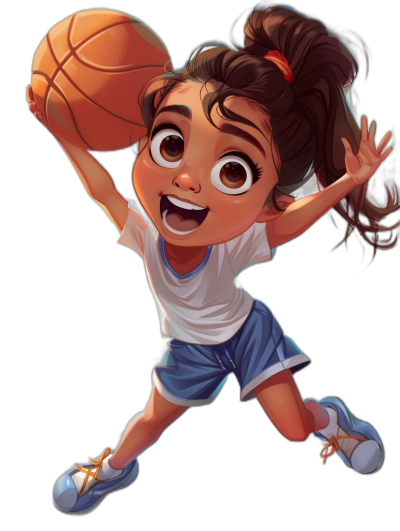 Illustration of a smiling girl playing basketball in a full body character design in the style of Disney Pixar on a black background, wearing a white t-shirt and blue shorts with sneakers, with big eyes, cute face features, and a happy expression as she jumps up to dunk the ball, with big brown hair in pigtails and brown skin color in the Disney Pixar cartoon style.