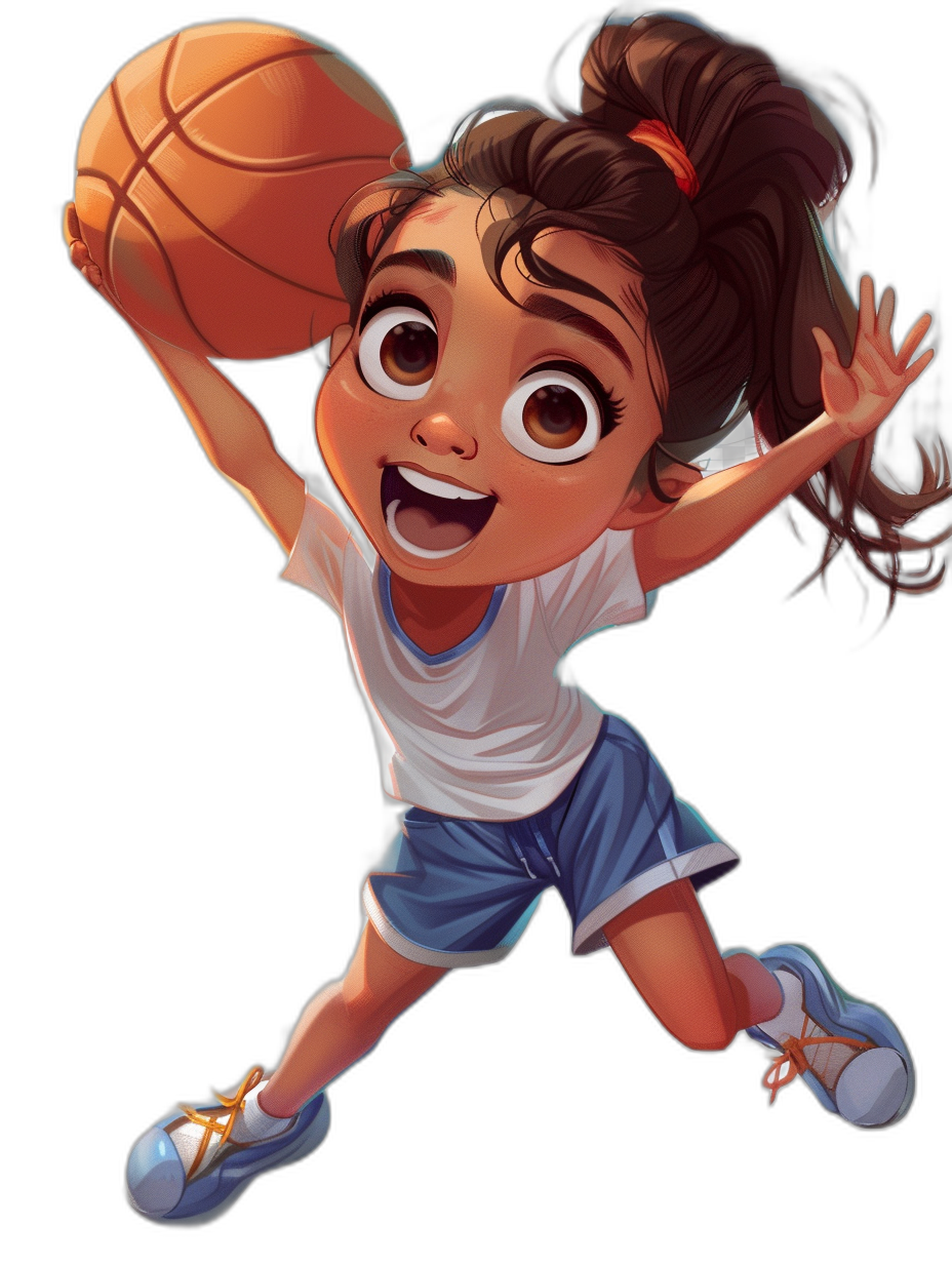 Illustration of a smiling girl playing basketball in a full body character design in the style of Disney Pixar on a black background, wearing a white t-shirt and blue shorts with sneakers, with big eyes, cute face features, and a happy expression as she jumps up to dunk the ball, with big brown hair in pigtails and brown skin color in the Disney Pixar cartoon style.