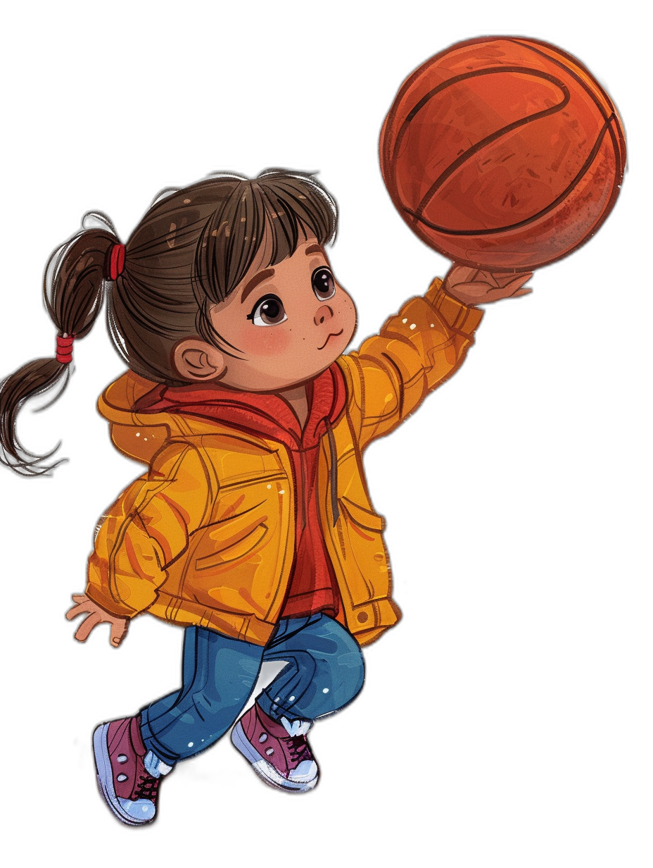 A cute little girl is playing basketball, wearing a yellow jacket and blue jeans with red shoes. She has dark brown hair in pigtails. The ball she is holding shines like the sun in the cartoon style, isolated on a black background, at a high resolution.