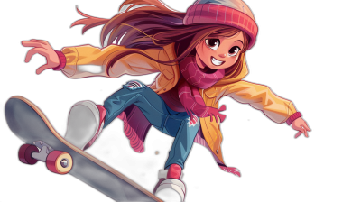 A young girl with long hair, wearing jeans and pink shoes is skateboarding on the black background, in an anime style. She wears colorful  and smiles while riding her skateboard. The focus should be on capturing detailed facial expressions, vivid colors, and expressive body language. She has bright eyes and brown skin color. It's a vibrant cartoon illustration with high resolution.