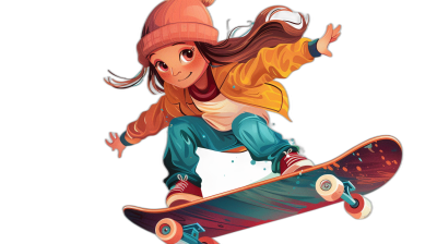 A cartoon girl is skateboarding with an anime style and a black background. She has long brown hair tied in one braid and wears cute . The skateboard's color scheme includes blue pants, white shoes, red tape on the deck, pink gloves, orange jacket, yellow cap hat. The illustration uses simple lines, is flat in design, uses 2D, and is high resolution, high quality, and high in detail.