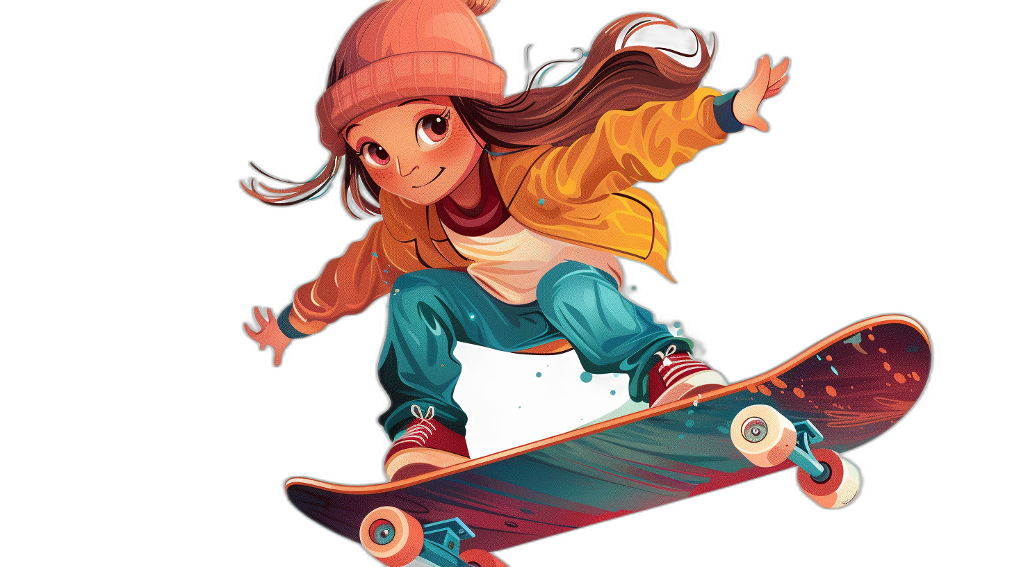 A cartoon girl is skateboarding with an anime style and a black background. She has long brown hair tied in one braid and wears cute . The skateboard’s color scheme includes blue pants, white shoes, red tape on the deck, pink gloves, orange jacket, yellow cap hat. The illustration uses simple lines, is flat in design, uses 2D, and is high resolution, high quality, and high in detail.