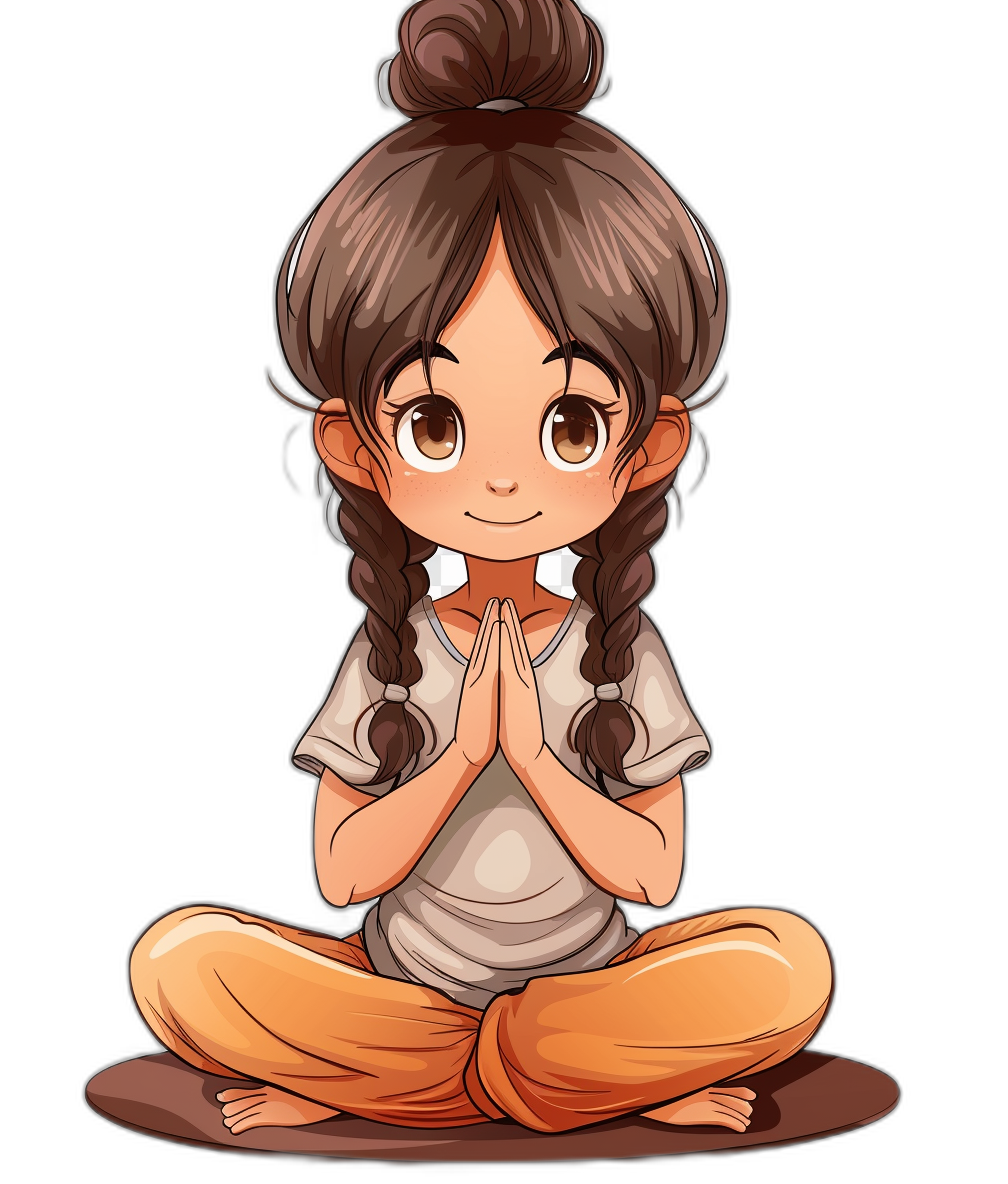 A cute girl doing yoga in a simple chibi anime style drawing in the style of vector illustration against a solid black background for a t-shirt design in a front view. She has long brown hair in two braids and is wearing light colored  with her hands clasped together in prayer and her eyes closed.