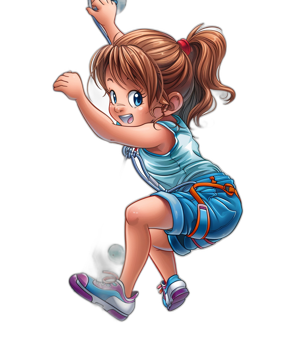 A cute little girl with pigtails in a blue dress and sneakers is jumping. She has one arm raised holding the ball while playing bowling against a black background. The illustration is in the style of anime and dragonball cartoons.