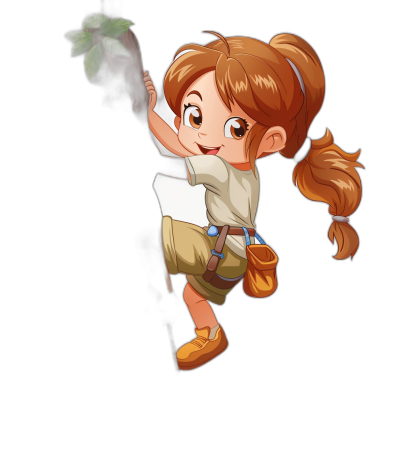 Chibi style cartoon girl explorer hanging from a tree branch, wearing a white shirt and tan shorts with brown boots. She has long light brunette hair in pigtails, holding an unopened wildflower leaf on a black background. In the style of an unknown artist.