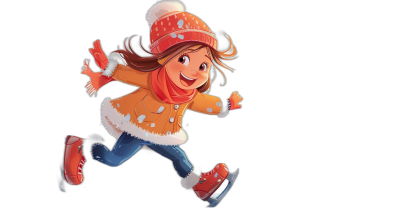 A cute girl is ice skating, wearing warm  and gloves on her hands. She has long brown hair with bangs and wears an orange coat adorned in the style of white fur trim. Her hat features red edges around the brim that have snowflakes hanging from them. The little boy smiles while doing jumps or turns in his skates on a black background. Cartoon style in the style of Pixar animation.