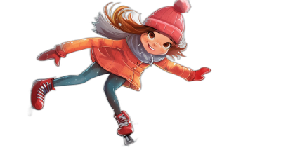 A cartoon girl ice skating, wearing red shoes and orange jacket with hat on her head, black background, cute illustration style, simple drawing, colorful, cartoon character design. She has long hair tied in one braid. Her expression is happy and joyful. The camera angle captures the full body of an animated figure. High resolution.