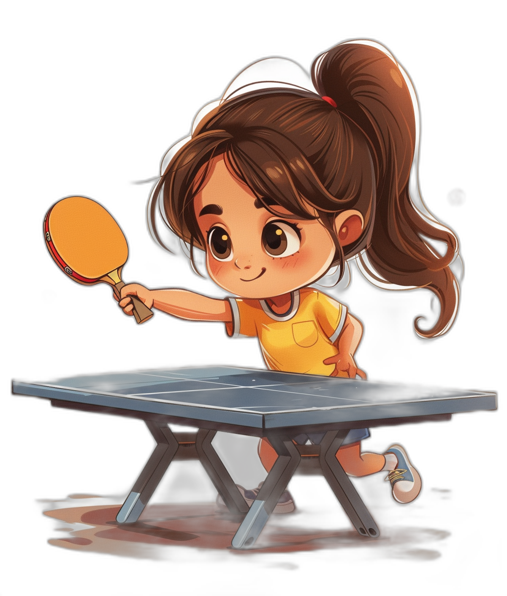 chibi style, girl playing table tennis in the style of cartoon, vector art in the style, black background