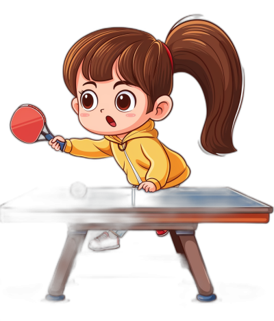 A cute little girl is playing table tennis in a cartoon style with a black background, simple drawing and vector illustration. She has big eyes and wears yellow . Her hair was tied in one ponytail behind her head. In the style of chibi art, she holds a red racket and jumps up to hit a ball on a dark blue wooden dining room table. The entire scene gives people an atmosphere full of vitality and fun. 32k ultra high definition resolution with cappuccino colors.