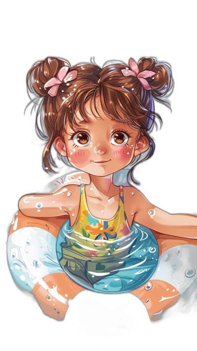 A cute little girl with brown hair in pigtails, wearing colorful swimming attire and sitting on top of an inflated pool filled to her waist, is smiling at the camera. The background is black, with water droplets splashing around. In the style of anime, a handdrawn animated image with vibrant colors, detailed facial expressions, and a playful atmosphere. Black Background.