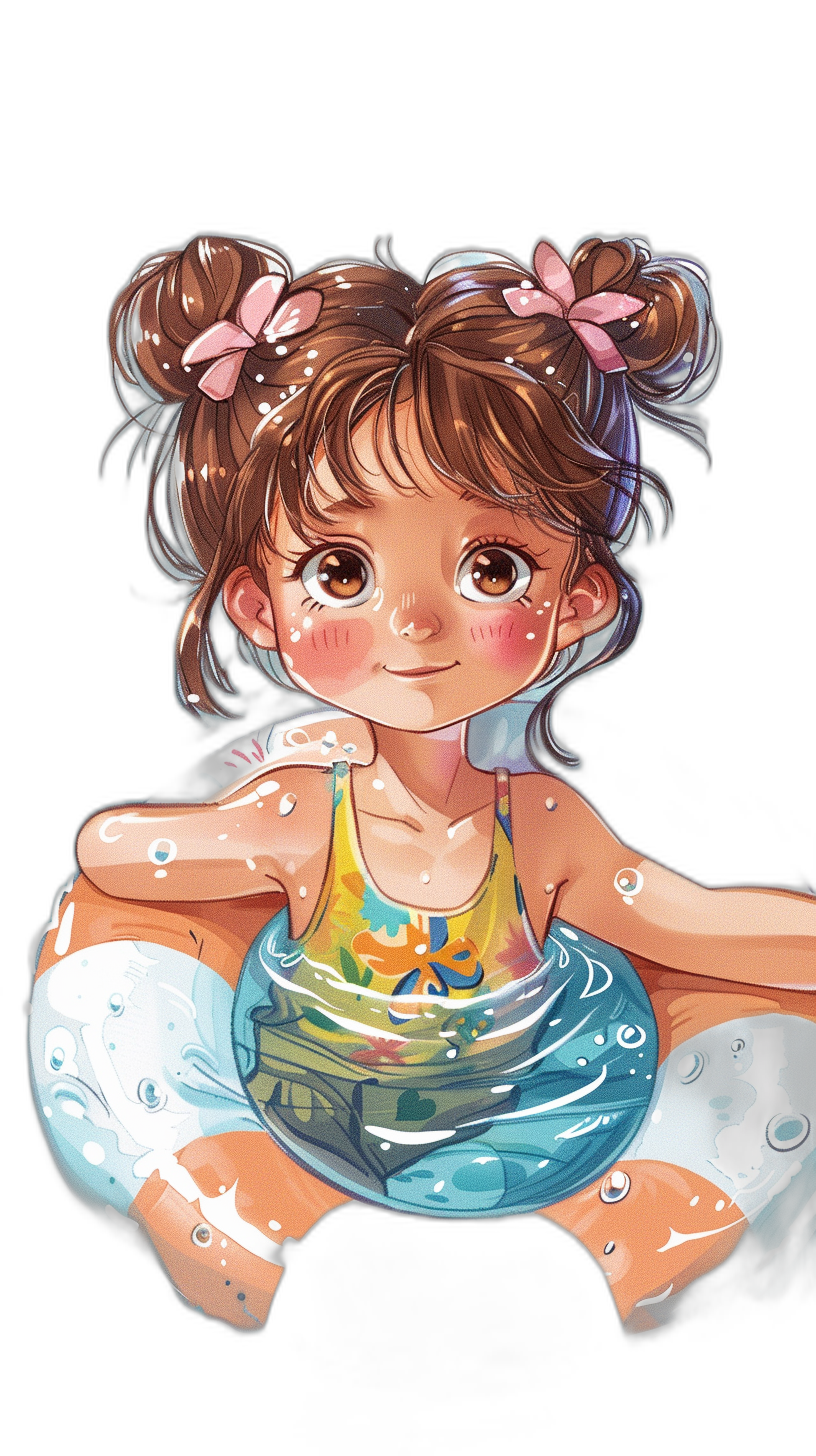 A cute little girl with brown hair in pigtails, wearing colorful swimming attire and sitting on top of an inflated pool filled to her waist, is smiling at the camera. The background is black, with water droplets splashing around. In the style of anime, a handdrawn animated image with vibrant colors, detailed facial expressions, and a playful atmosphere. Black Background.