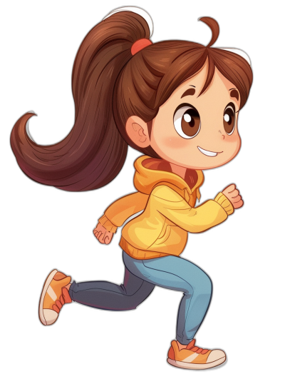 A cute little girl is running, wearing jeans and an orange jacket with brown hair in pigtails. The illustration style should be cartoonish, with bright colors on the character's . The background should be black. The style of the illustration should be in the style of a cartoon.