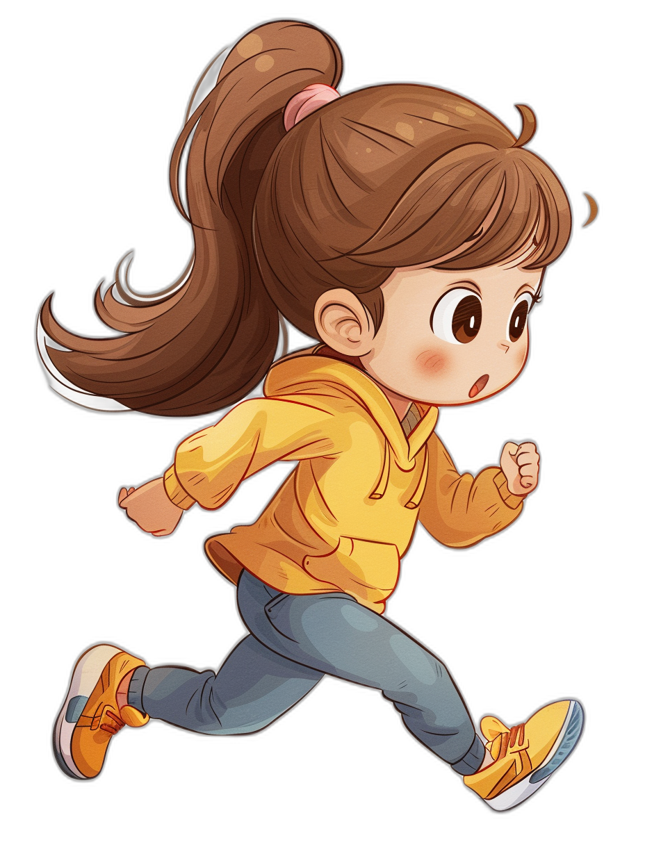 Chibi style, chibi style. A cute girl with brown hair in pigtails is running while wearing blue jeans and a yellow hoodie. Black background. In the style of an unknown artist.