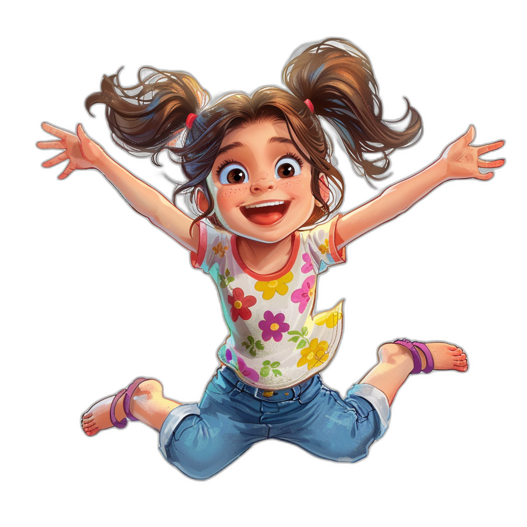 A cute little girl in the style of Pixar style cartoon character design, jumping up with hands open and smiling happily. She has brown hair in pigtails, wearing jeans and a colorful floral short-sleeved shirt. Black background.