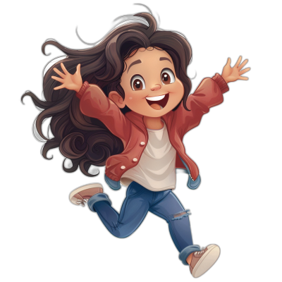 Cute cartoon girl character in full body, jumping pose with long hair and brown skin wearing jeans white tshirt red jacket and sneakers smiling black background