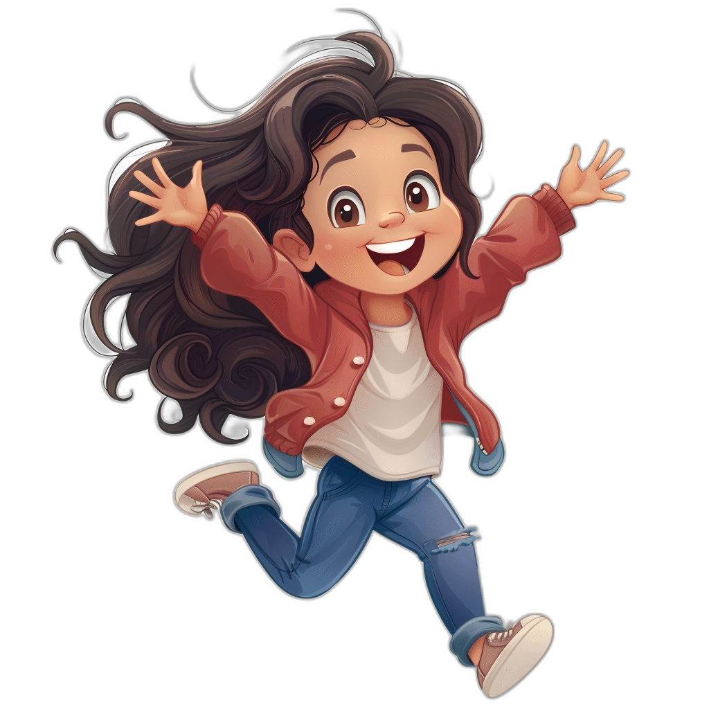 Cute cartoon girl character in full body, jumping pose with long hair and brown skin wearing jeans white tshirt red jacket and sneakers smiling black background