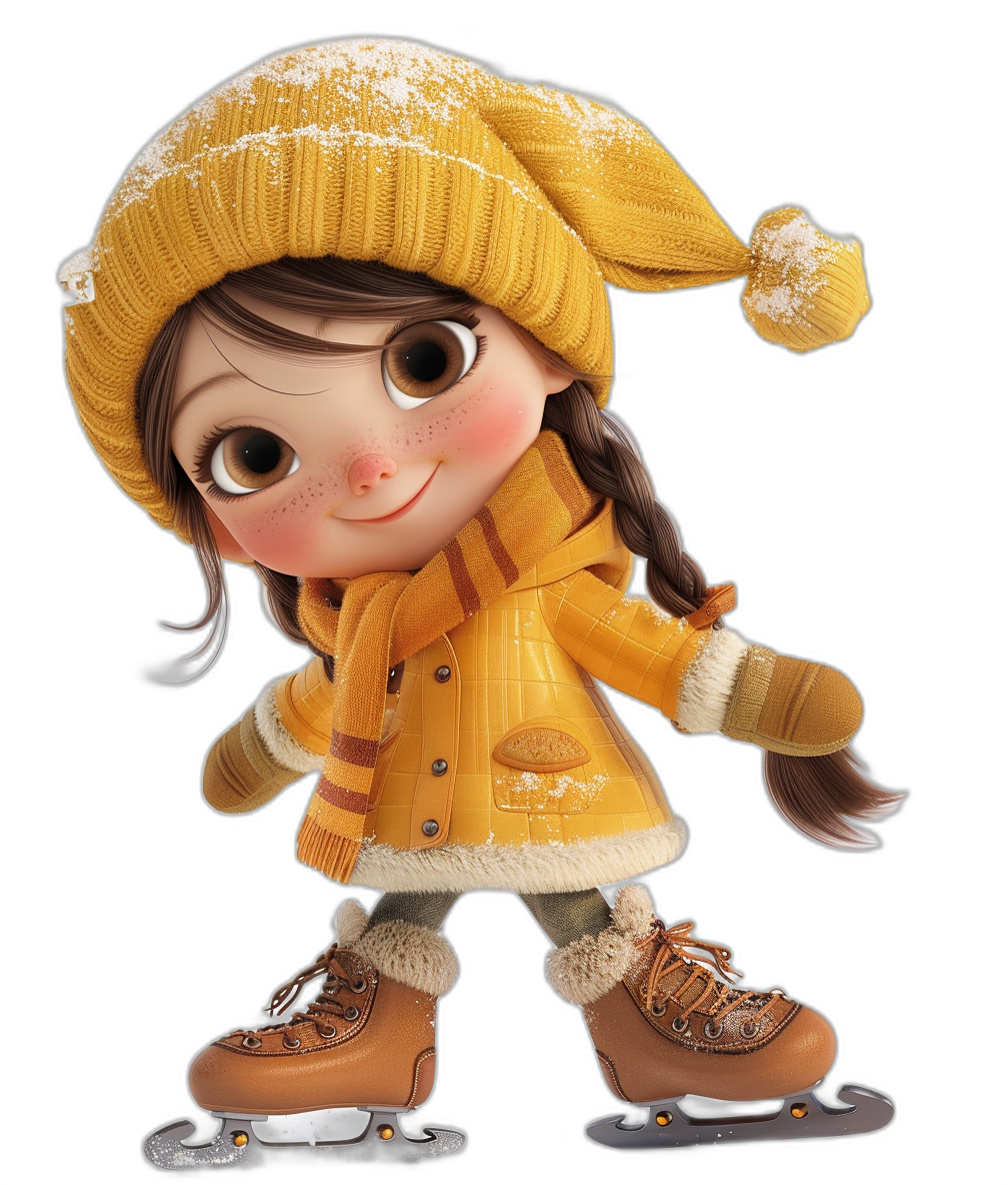 Cute girl in a yellow coat and hat, brown boots ice skating on a black background in the style of a cute cartoon style with big eyes and a smile. The rendering is 3D and high definition.