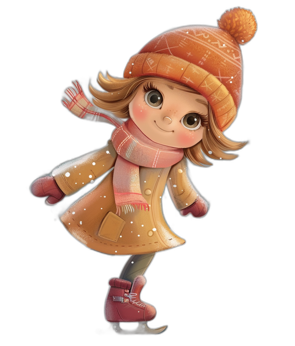 Cute cartoon girl skating, wearing a coat and hat with a scarf on a black background, in the style of a digital art, illustration painting.