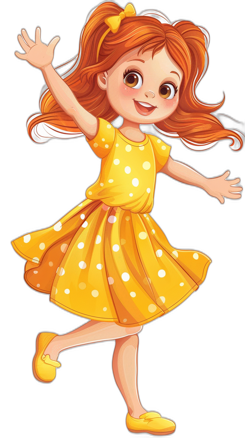 A cute little girl with red hair in a yellow dress, white dots on her  dancing and smiling in the style of a cartoon style vector illustration design in PNG format isolated on a black background in PNG format.