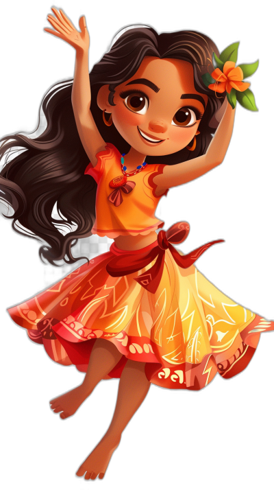 A cute little girl in the Disney style, dressed as Moana from the movie "Moana", wearing an orange and red dress with flowers on it, long black hair, brown eyes, dancing happily in a full body shot against a black background with a Disney cartoon character design rendered in high definition, high resolution, and high detail as digital art in the style of Disney.