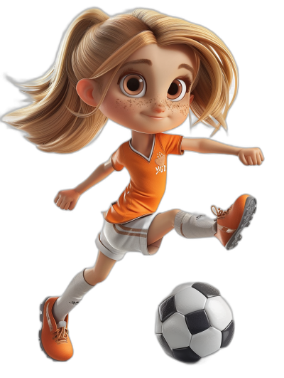 A cute little girl soccer player in an orange and white uniform, Pixar style cartoon character, chibi character design, full body shot, on black background, big eyes, long blonde hair with pigtails in ponytails, kicking the ball pose, cartoon realism, high contrast shadows, high resolution, high detail, high quality