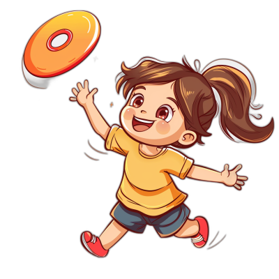 A cute little girl is playing frisbee in the style of vector illustration with a black background and yellow t-shirt. She has brown hair in pigtails and wears blue shorts. Her face shows joy as she throws the frisbee disc into the air. The design includes elements of playfulness and energy associated with sports such as frisbee.