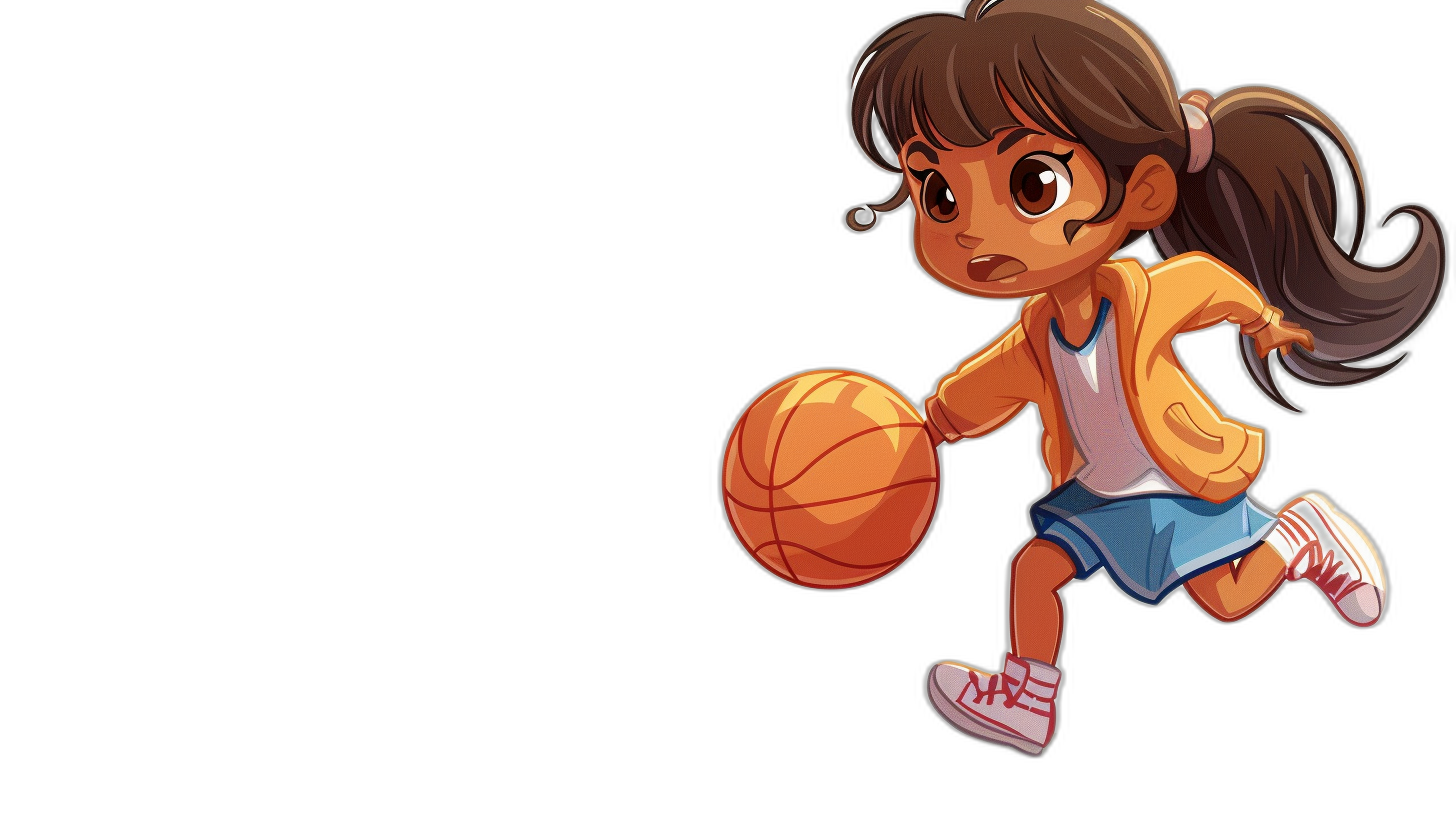 chibi style cartoon of an animated girl playing basketball, on a solid black background, showing her full body, cute and adorable, wearing white sneakers with red laces, blue shorts, brown hair in pigtails, holding an orange tan colored basketball, the basketball is made out of felt material, in the style of chibi.