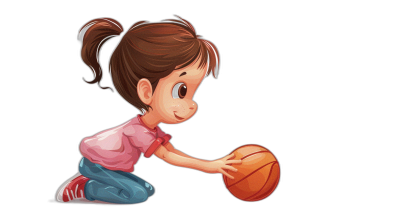 A little girl playing basketball, cartoon style, simple lines, vector illustration, black background, cute face, side view. She is kneeling on the ground and holding an orange ball with both hands, wearing pink short sleeves and blue pants underneath. Her hair was tied in two ponytails.,in  of red shirt and jeans , high resolution